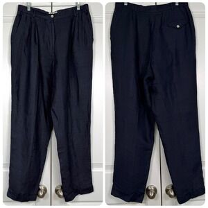 Talbots Linen Pants Sz 16 Navy Blue Straight Leg Pleated Preppy Church Office